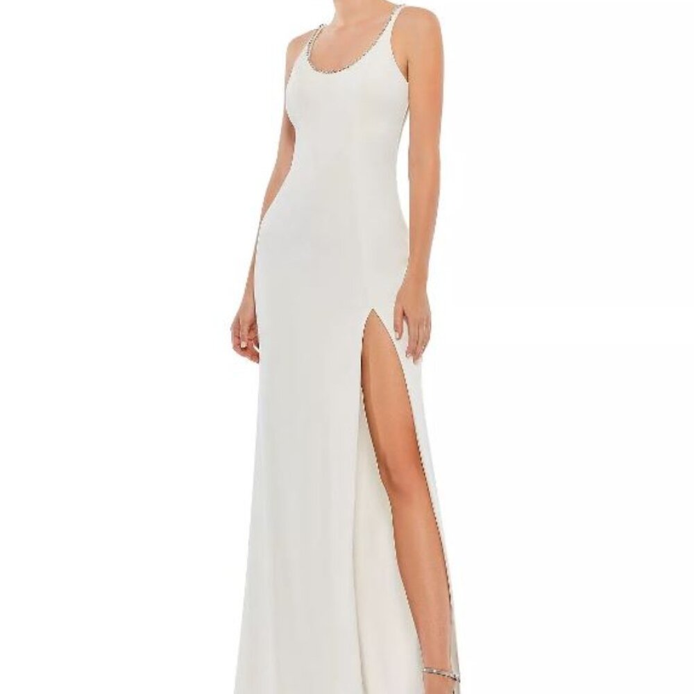 Mac Duggal Sleeveless Crystal Scoop Neckline Column Gown with High Slit